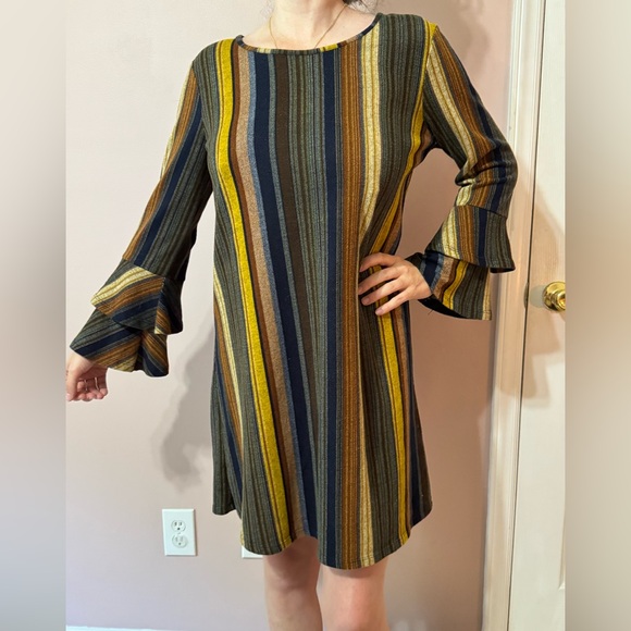 Tacera Yellow and Navy Bell Sleeve Dress - Picture 1 of 7